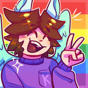 A digital drawing of K, a white humanoid with dark brown short middle parted hair and pastel teal cat ears and feathered wings. they are wearing a purple sweater with the letter "K" on it. behind her is a rainbow pride flag.